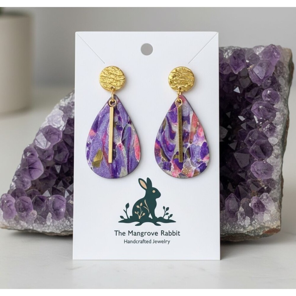 Purple Pink Gold Pearl Marble Design Handmade Polymer Clay Dangle Earrings SS Po